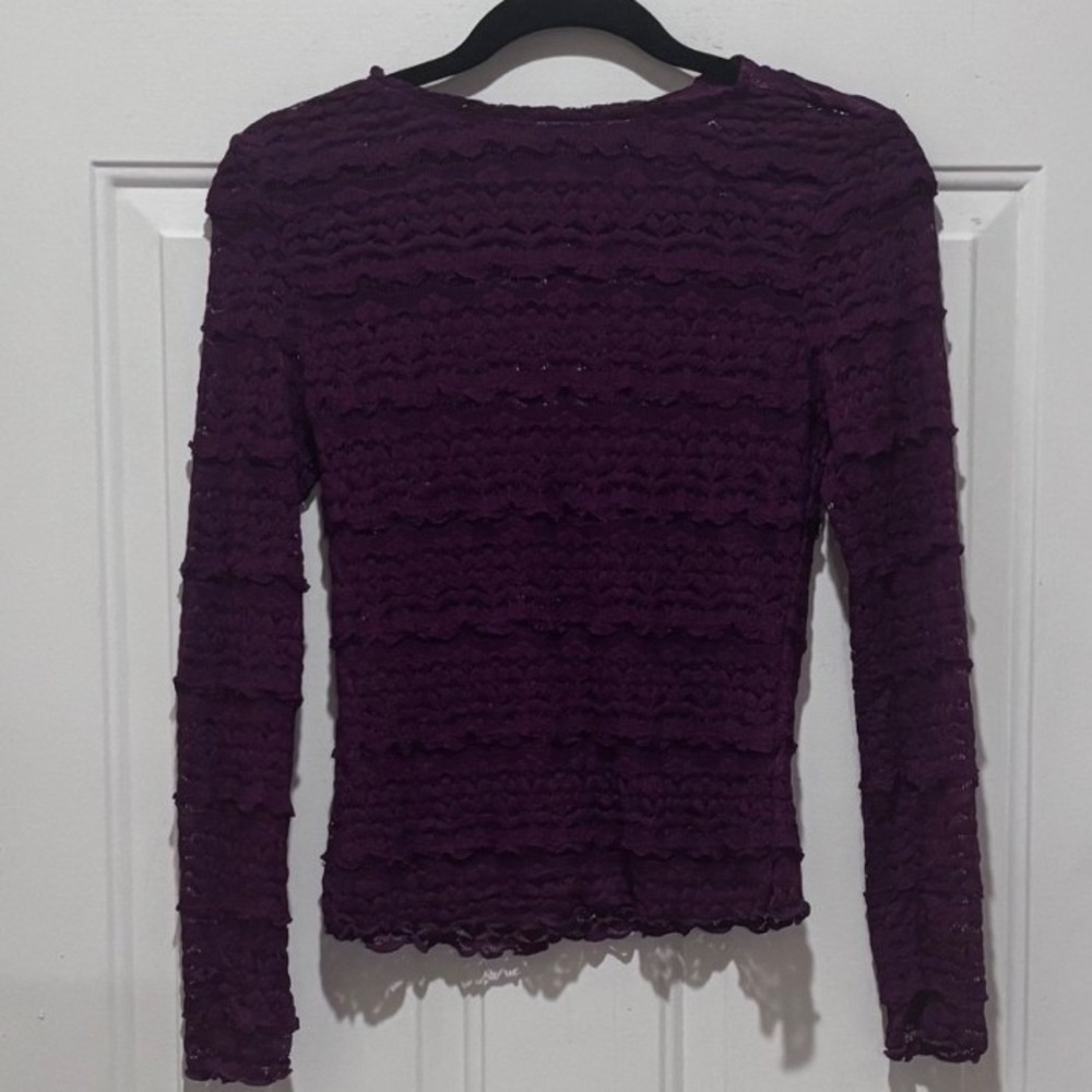 Purple Tiered Floral Lace Long Sleeve Top Crew Neck Slim Fit Plum Small